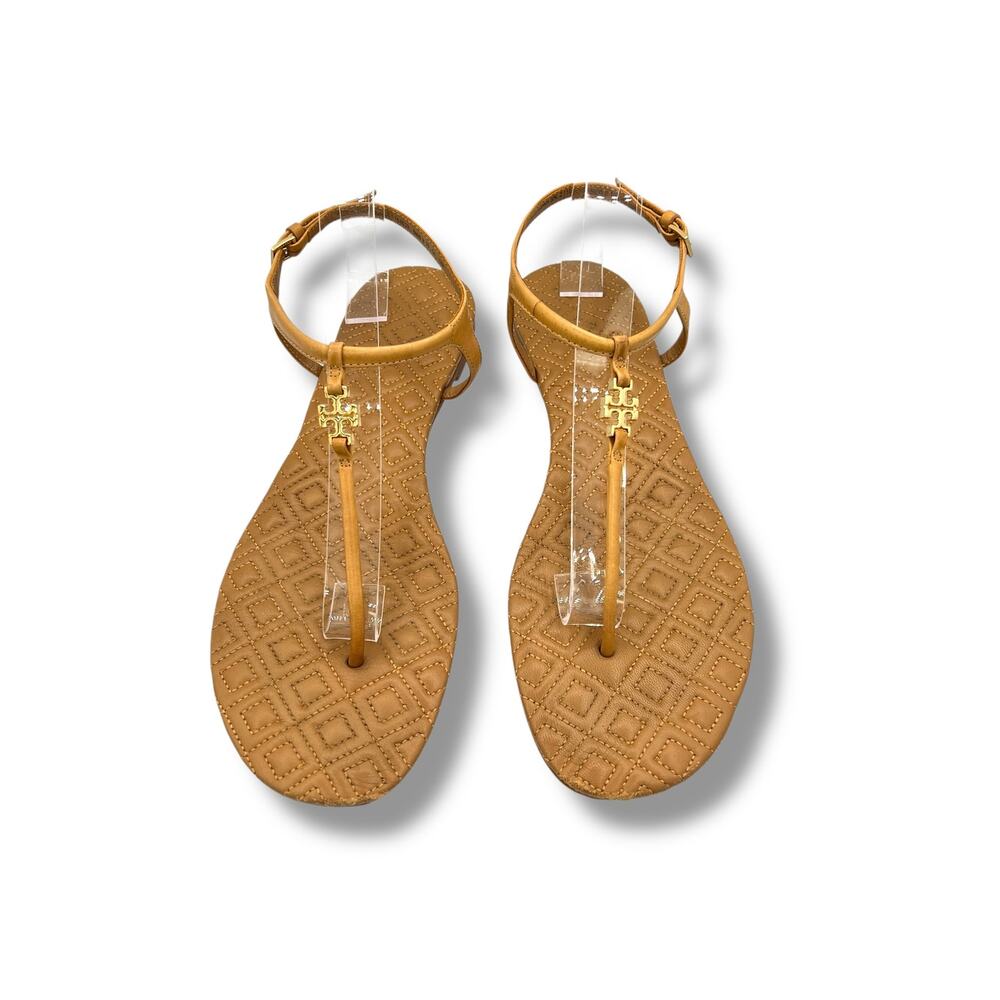 Tory Burch Marion Quilted Nude Leather Sandal Gold Logo Minimal Chic